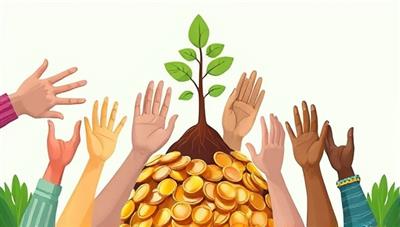 An illustration of diverse hands reaching out to support a tree growing from a pile of coins, symbolizing community collaboration and financial contributions towards environmental sustainability, with a banner displaying 