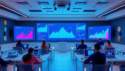 A vibrant and futuristic digital classroom setting with animated graphs and charts on screens, students interacting virtually, and a backdrop of digital currency logos, creating a dynamic and immersive learning environment.