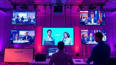 A vibrant digital event setup, featuring a virtual event planner coordinating a virtual conference with multiple screens displaying different event elements like presentations, networking sessions, and entertainment, reflecting the versatility and innovation of virtual event planning services.