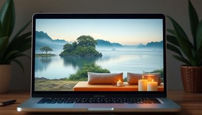 A serene virtual retreat setting displayed on a laptop screen, featuring a guided meditation session, soothing nature sounds, relaxation exercises, and a cozy meditation corner with cushions and candles, creating a tranquil and calming atmosphere for the virtual mental wellness retreats.