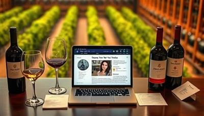 A sophisticated wine tasting setup with an array of wine glasses, bottles, tasting notes, and a laptop displaying a virtual wine tasting session, set against a backdrop of vineyards or a wine cellar, evoking elegance and refinement in wine appreciation.