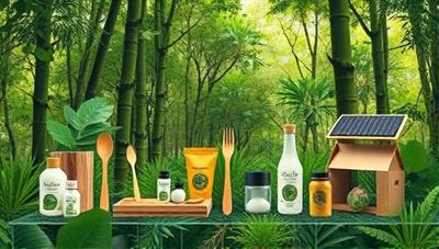 An artistic representation of a lush green forest with elements of sustainable living products like bamboo utensils, biodegradable packaging, and solar-powered gadgets integrated harmoniously into the natural environment, embodying the essence of eco-friendly living.