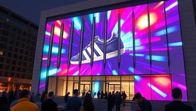 An image of a dynamic and colorful projection display on a building facade, showcasing a product in motion with interactive elements, attracting a crowd of onlookers and creating a buzz around the brand being promoted.