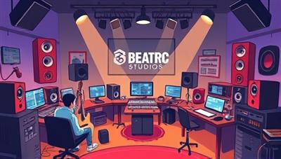 A dynamic digital illustration featuring a virtual music studio environment with digital audio workstations, musical instruments, and creative tools, where participants engage in collaborative music projects and learning activities, capturing the essence of creativity and innovation at BeatForge Studios.