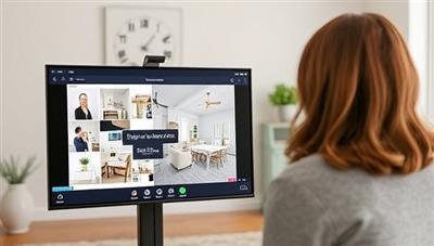 A virtual interior design consultation scene with a designer presenting a digital mood board and 3D room renderings to a client via a video call, showcasing the personalized design process and creative solutions offered by DesignVista.