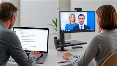 A split-screen image showing a person practicing interview questions on a laptop while receiving feedback from a virtual interviewer, highlighting the interactive and personalized nature of the platform.