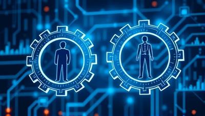 An illustration of interconnected gears symbolizing the seamless connection between job seekers and employers, with AI algorithms represented by glowing digital patterns in the background, showcasing a futuristic and efficient approach to talent matching.