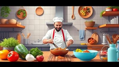 A mouthwatering digital illustration showcasing a virtual cooking class on Chef's Palette Online, with a professional chef guiding participants through a culinary masterpiece, surrounded by fresh ingredients, cooking utensils, and a vibrant kitchen setting that evokes the joy of cooking and learning in a virtual culinary experience.