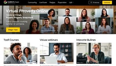 An online learning platform showcasing a diverse group of users engaging in virtual property investment courses and interactive webinars, highlighting the platform's educational value and community-building aspect.