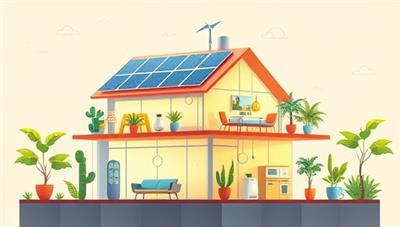A futuristic illustration depicting a smart home ecosystem powered by renewable energy sources, with solar panels on the roof, smart appliances controlled via a mobile app, and greenery integrated into the interior design, symbolizing a harmonious blend of technology and sustainability.