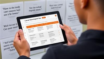 An individual viewing a personalized career development plan on a digital device, with career milestones, skill-building activities, and mentorship opportunities displayed, surrounded by motivational quotes and success stories, representing the career growth potential offered by CareerCraft Pro.
