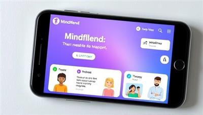 A smartphone displaying the MindMend Virtual app interface, with calming colors and mindfulness exercises, alongside avatars representing users engaging in therapy sessions, mindfulness activities, and peer support chats, conveying a sense of emotional support and healing in a virtual space.