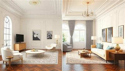 An elegant room visualization with before-and-after design transformations, showcasing a virtual interior design consultation session with a designer presenting color schemes, furniture layouts, and decor suggestions, illustrating the creative and transformative potential of the service.