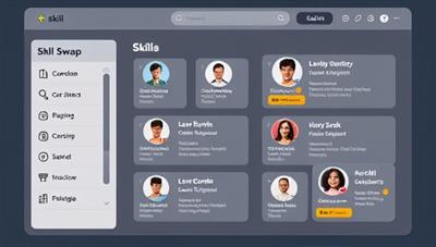 An interactive virtual platform interface displaying various skill categories and user profiles engaging in skill swap transactions, highlighting the diversity and exchange of knowledge within the community.