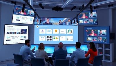 A dynamic visual representation of a virtual event planning session, featuring a team of planners coordinating logistics and technical setup for a virtual conference, with screens displaying event layouts, schedules, and interactive features, showcasing innovation and teamwork.
