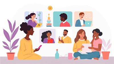 A soothing digital illustration featuring diverse individuals engaging in virtual mental health support sessions, sharing experiences, and accessing mental wellness resources in a calming, inclusive online environment, conveying empathy, understanding, and support for mental health journeys.