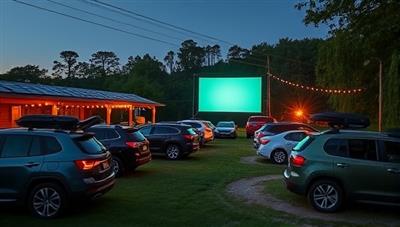 An outdoor movie drive-in theater set up with solar panels, recycling stations, and eco-friendly decorations, surrounded by lush greenery and sustainable features, creating a harmonious and environmentally conscious outdoor movie experience at the GreenScreen Drive-In.