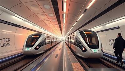 A futuristic hyperloop station with sleek pods arriving and departing at high speeds, passengers boarding and disembarking seamlessly, illustrating the efficiency and innovation of hyperloop commuter services.