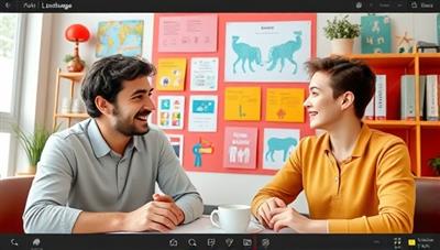 A virtual language exchange session featuring two users engaging in a lively conversation in different languages, with language learning materials and cultural symbols displayed in the background, illustrating a vibrant and interactive language learning experience.