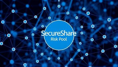 An artistic representation of interconnected nodes forming a blockchain network, with SecureShare Risk Pool branding at the center, symbolizing transparency, security, and shared risk principles in the decentralized insurance platform.