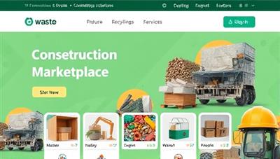 An online marketplace interface showcasing various construction waste materials available for recycling, recycling facility profiles, and waste management services, highlighting the platform's eco-friendly mission and sustainable construction waste solutions, creating a visually appealing and informative platform for waste recycling and repurposing.