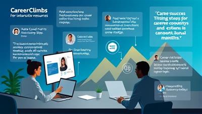 An interactive digital workspace featuring career resources, job search tips, and virtual coaching sessions with professional mentors, overlaid with career success stories, inspirational quotes, and industry insights, creating a dynamic and supportive environment for career growth through CareerClimb.