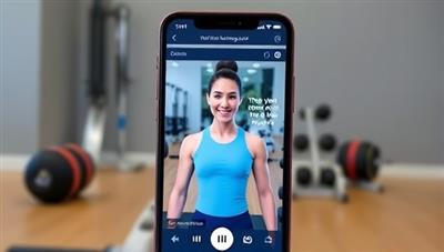 A smartphone displaying the FitGenie AI app interface, with a virtual coach avatar guiding a user through a workout routine, surrounded by fitness equipment and a motivational quote, inspiring a sense of progress and achievement.