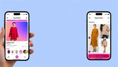 An interactive app interface mockup displaying a user exploring personalized fashion recommendations, virtual fitting room options, and style inspirations, with vibrant fashion images and intuitive navigation features, illustrating the convenience and creativity of the AI-powered shopping assistant.