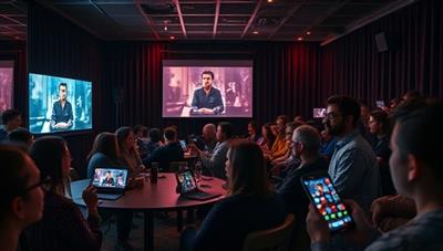 An immersive interactive movie night scene with viewers choosing alternate storylines on their devices, engaging in live discussions, and virtually connecting with friends and fellow film enthusiasts, creating a dynamic and social movie-watching experience.
