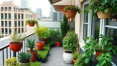 An urban balcony transformed into a lush garden oasis with potted plants, herbs, and hanging baskets, creating a serene and green retreat in the midst of the cityscape, inspiring urban dwellers to embrace gardening in limited spaces.