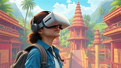 An enchanting digital illustration portraying a virtual reality traveler wearing a headset and exploring a vibrant digital recreation of an exotic destination like a tropical rainforest, ancient ruins, or bustling markets, surrounded by interactive elements and informative guides, capturing the essence of virtual travel and discovery.