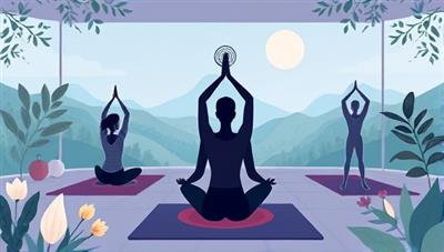 A serene digital illustration of a virtual wellness retreat setting, featuring users engaging in yoga poses, meditation exercises, and mindfulness practices in a peaceful and calming virtual environment, surrounded by nature elements and tranquil sounds, creating a restorative and rejuvenating online wellness retreat experience.