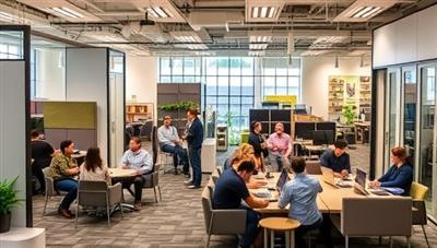 An adaptable commercial space featuring movable walls, flexible furniture arrangements, and a diverse group of professionals collaborating in a dynamic and innovative workspace environment, embodying the flexibility and creativity facilitated by FlexSpace Innovations' adaptive solutions.