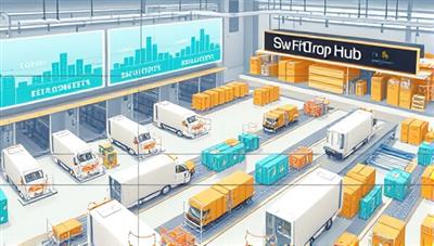 An artistic depiction of the SwiftDrop Hub facility with a bustling logistics operation, featuring delivery vans loading parcels, sorting stations with conveyor belts, and a digital tracking system displaying real-time delivery statuses, illustrating the efficiency and speed of last-mile delivery services offered by SwiftDrop Hub.