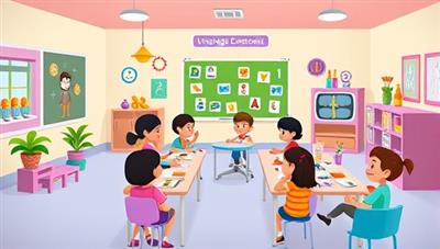 A colorful and engaging virtual classroom environment within the LingoKidz platform, featuring animated characters, language learning games, and a diverse group of children interacting and learning together, promoting a fun and immersive language learning experience.