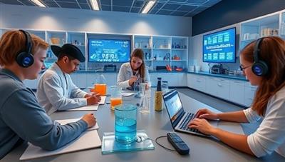 A virtual science lab environment with students conducting experiments using digital tools and equipment, observing chemical reactions, recording data on virtual notebooks, and discussing findings with virtual lab partners, illustrating the immersive and educational setting of SciLab Virtual.
