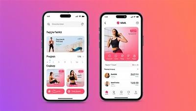 A sleek and modern app interface showing different workout routines, progress tracking features, and real-time chat with fitness coaches, illustrating convenience and personalized fitness solutions.