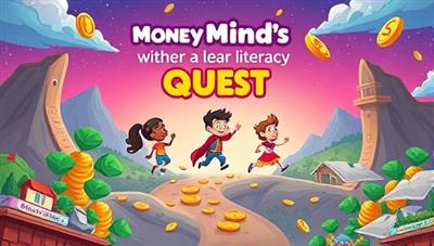 A vibrant visual of animated characters engaging in a financial literacy quest within the app interface, with coins, dollar signs, and educational milestones scattered throughout the digital landscape, conveying a sense of adventure and learning excitement in mastering money management skills with MoneyMinds Quest, inspiring users to embark on a fun and educational financial journey.
