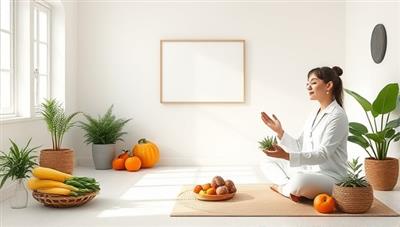 A serene virtual wellness studio with images of fresh fruits, vegetables, and a virtual wellness coach guiding a client through a mindfulness exercise, creating a tranquil and supportive space for holistic health and well-being.