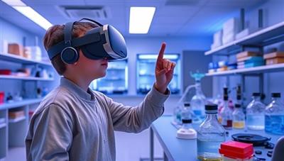 An immersive VR experience showing a student exploring a virtual science lab, conducting experiments and interacting with digital equipment, capturing the excitement and educational value of the platform.