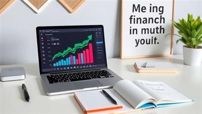 A modern, minimalist desk setup with a laptop displaying financial charts, a notebook with financial goals written on it, and a motivational poster in the background, symbolizing financial empowerment and growth.