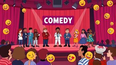 A whimsical digital illustration showcasing a virtual comedy club stage with a diverse lineup of animated comedians performing, a laughing audience of avatars, and interactive emojis floating around, capturing the joy and humor of an online comedy community.