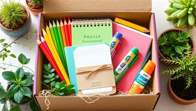 A visually appealing subscription box filled with colorful eco-friendly school supplies like plantable pencils, reusable notebooks, and biodegradable glue sticks, surrounded by greenery and natural elements, evoking a sense of sustainability and education.