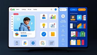An interactive learning platform interface displaying a student engaging with a virtual tutor, interactive course modules, progress tracking tools, and a diverse library of educational resources, illustrating a dynamic and personalized online learning experience.