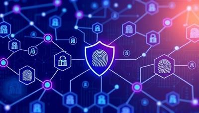 An illustration of interconnected blocks forming a secure blockchain network, with digital fingerprints representing verified credentials and a shield symbolizing data security and trust, visually depicting the concept of TrustChain Verify's background verification service.