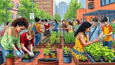 A vibrant illustration of a bustling urban garden workshop with participants of diverse backgrounds engaging in hands-on gardening activities, planting seedlings, and tending to green plants in a city setting, showcasing the beauty and potential of sustainable urban gardening practices, fostering a sense of community and environmental stewardship.