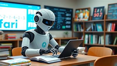 An AI-powered robot sitting at a desk with a student, assisting in solving a complex math problem on a tablet, with books and digital screens displaying educational content in the background, illustrating modern learning support.
