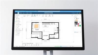An interactive architectural drawing interface displayed on a computer screen, featuring a user designing a floor plan with drag-and-drop elements, color palettes, and measurement tools, showcasing the intuitive and creative capabilities of the ArchDraft Creator online platform.
