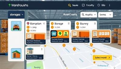 An online platform interface showing businesses easily selecting available storage spaces in different warehouses, with a map displaying the locations and availability status, illustrating the convenience of on-demand warehousing services.