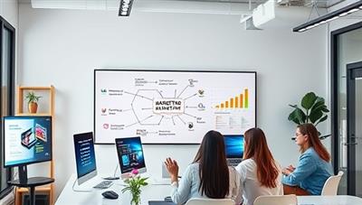 A modern office workspace with digital marketing graphics on computer screens, a whiteboard with a strategic marketing plan, and a team brainstorming ideas together, reflecting creativity and innovation in the digital realm.
